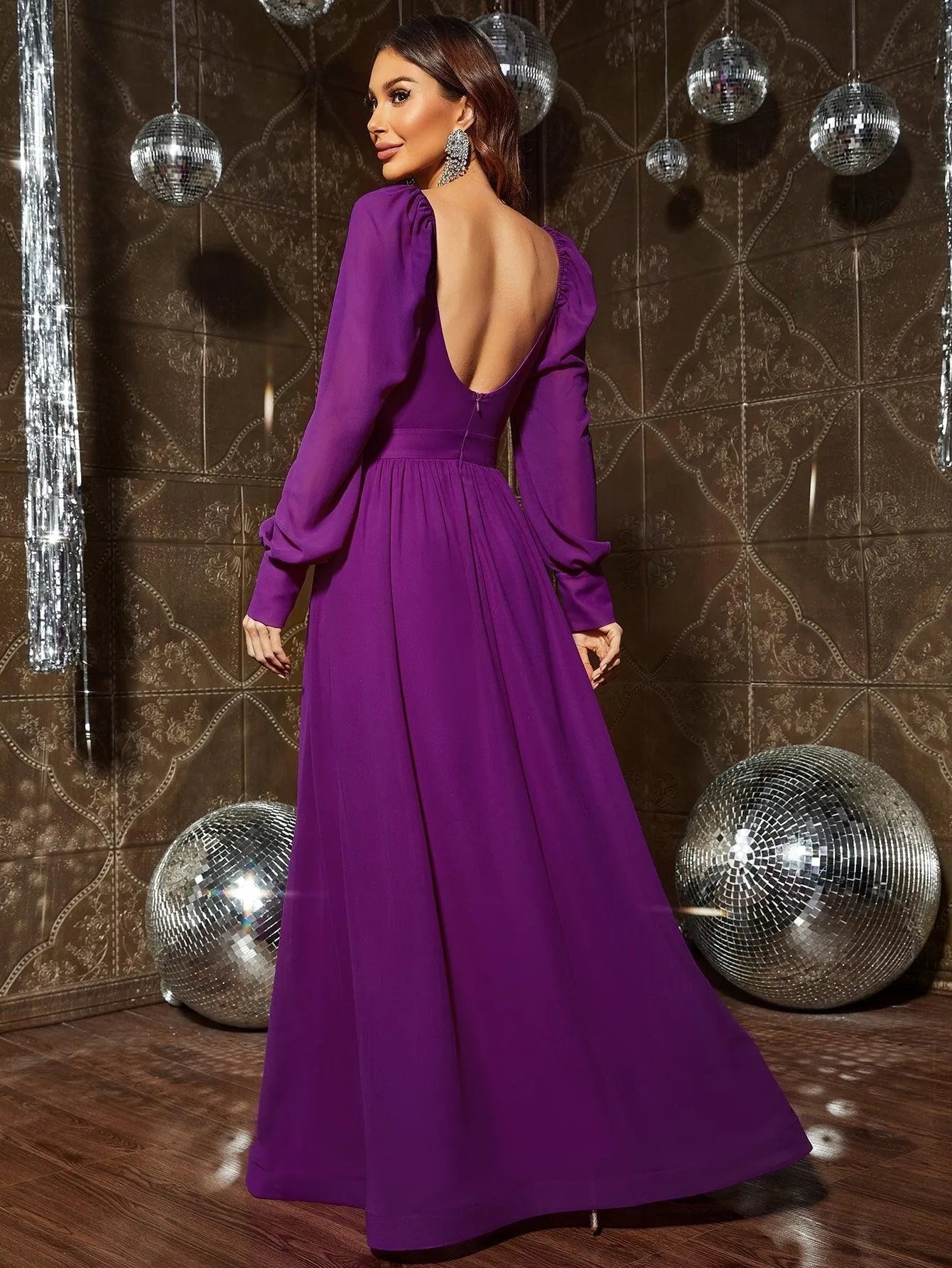 Sweetheart Neckline Backless Long Sleeve Chiffon A line Dress - Elonnashop