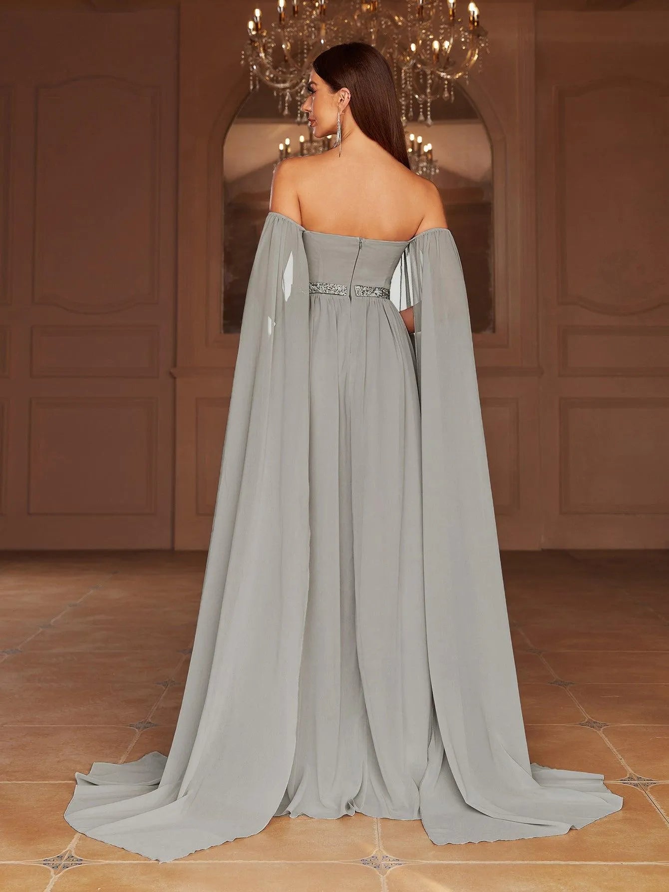 Elegant Off Shoulder Extra-Long Sleeves Chiffon Prom Dress - Elonnashop