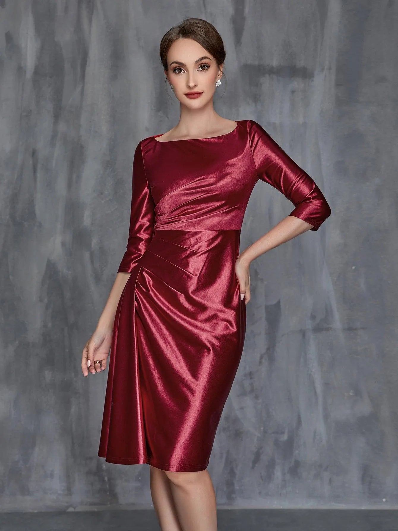 Womens' Solid Ruched Wrap Front Satin Dress - Elonnashop