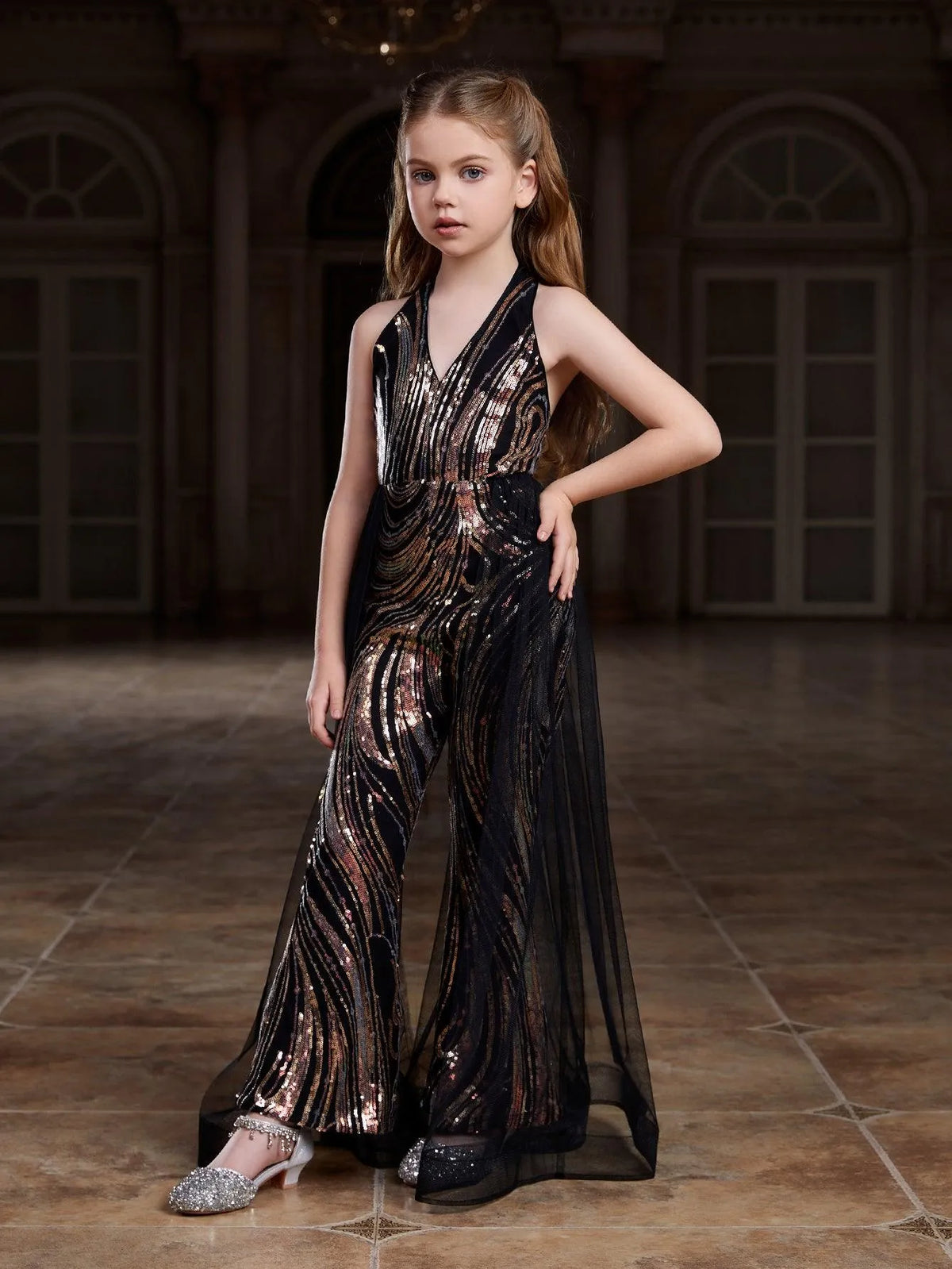 Tween Girls' Halter Neck Backless Mesh Overlay Sequin Jumpsuit - Elonnashop