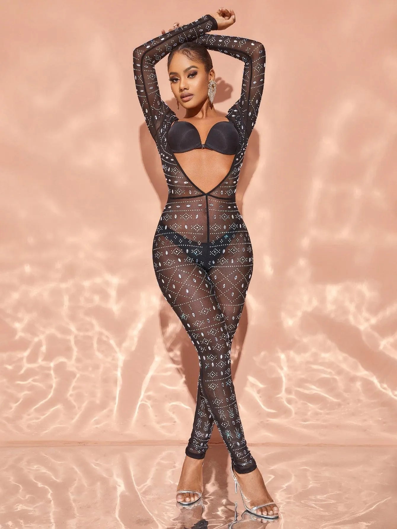 Chic Rhinestone Detail Plunging Neck Sheer Mesh Jumpsuit - Elonnashop