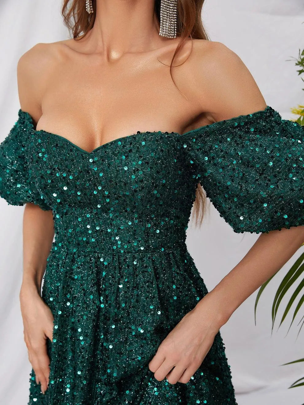 Elegant Off Shoulder Puff Sleeves Sequin A Line Dress - Elonnashop