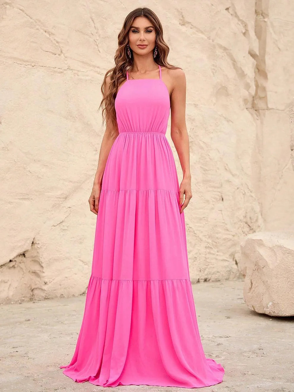 Back Lace Up Chiffon Tiered Maxi Dress - Elonnashop