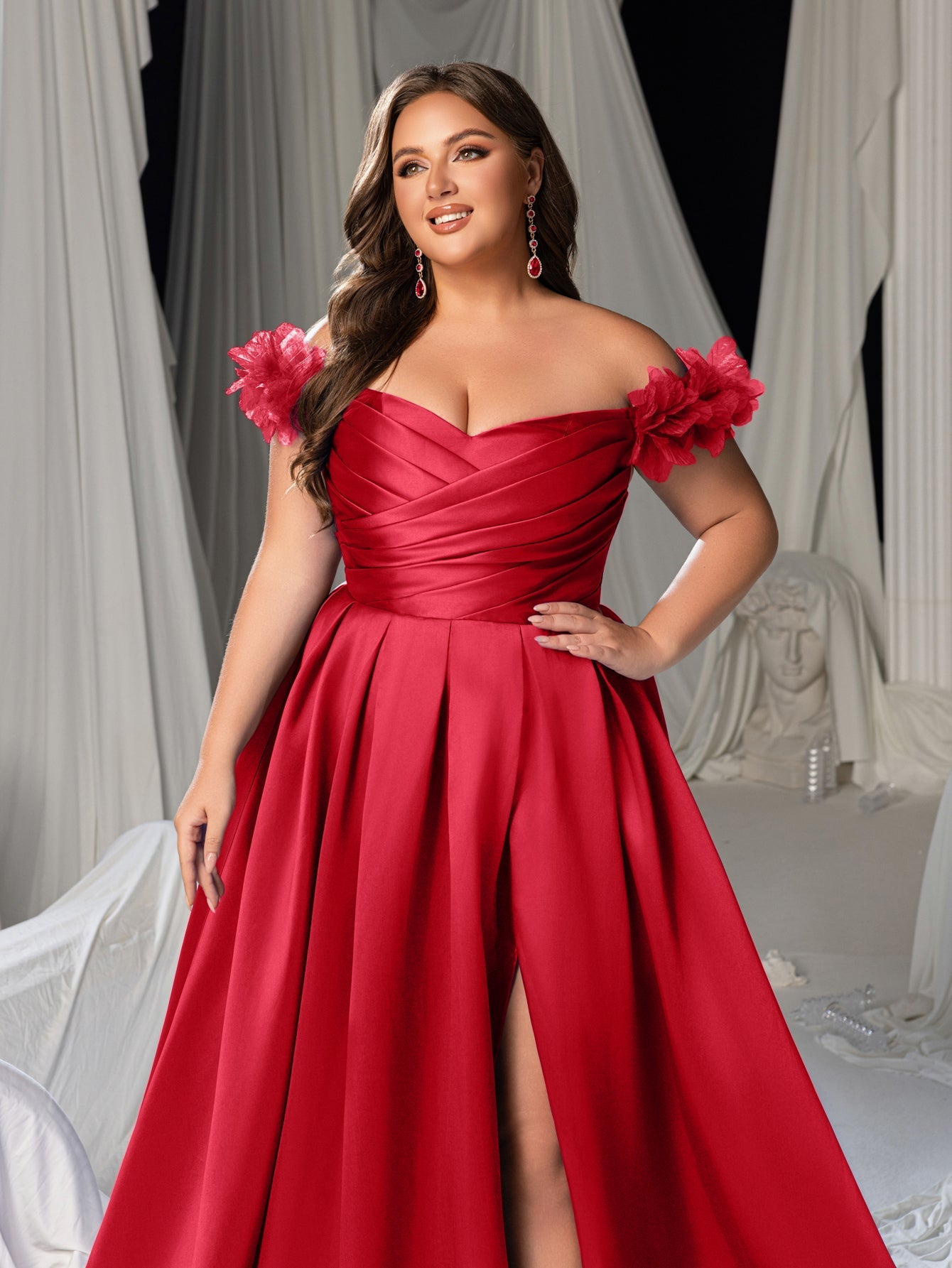 Plus Off-Shoulder Evening Gown with 3D Floral Appliqué | High Thigh Slit & Laced Back