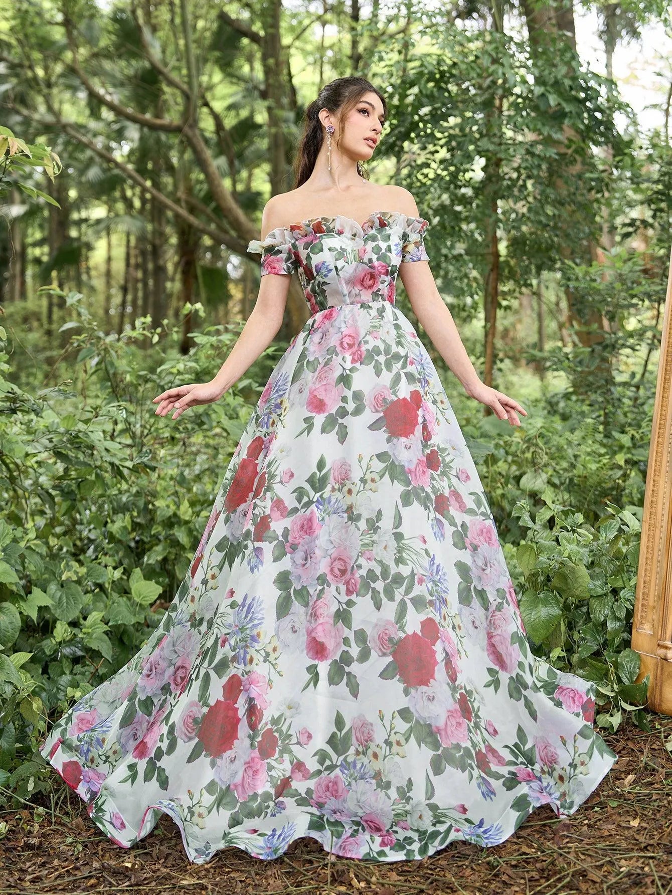 Elegant Floral Organza Ruffle Trim Off Shoulder Prom Dress - Elonnashop