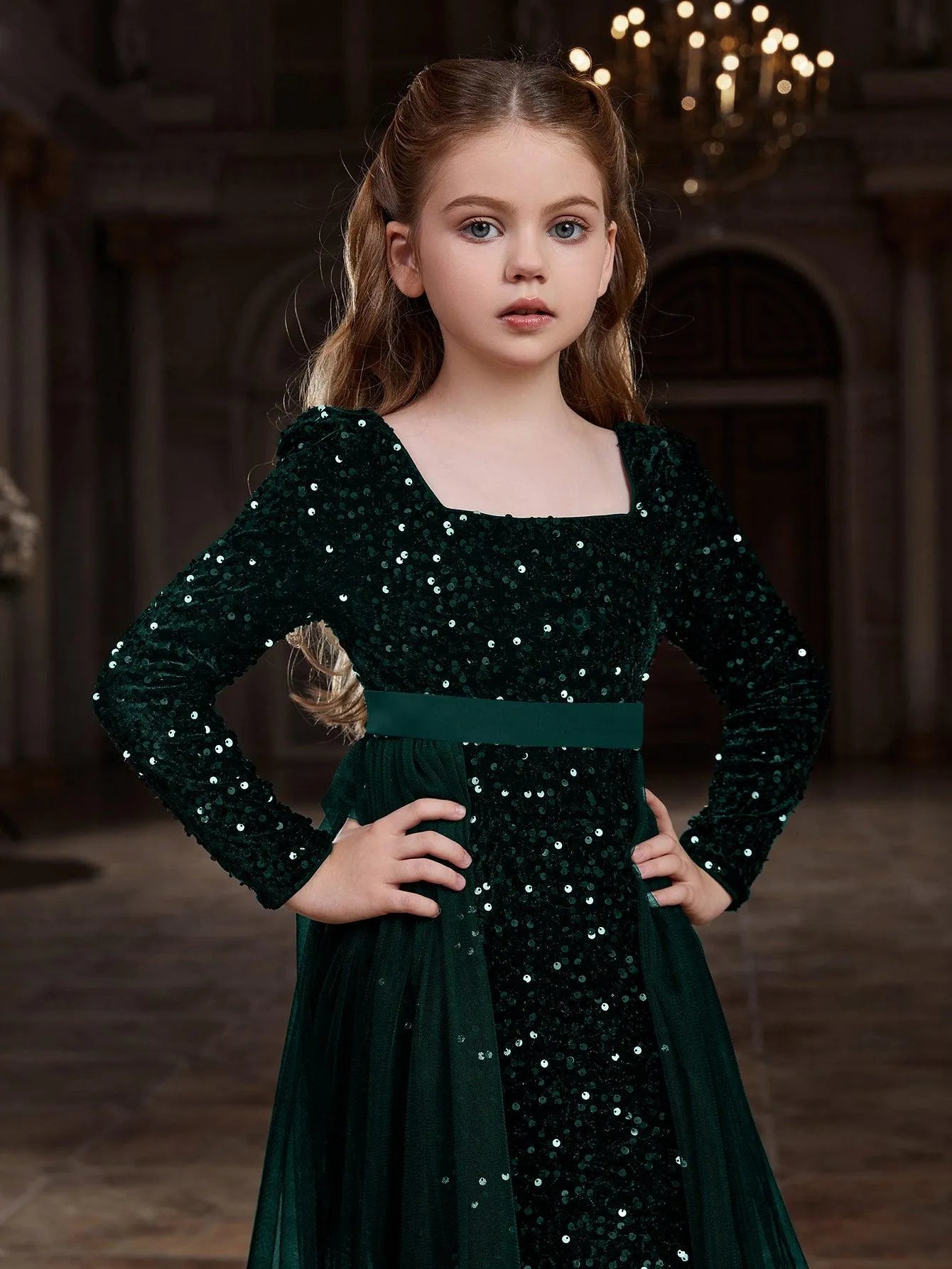 Tween Girls' Square Collar Long Sleeves Sequin Mermaid Dress - Elonnashop