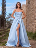 Elegant Strapless Satin Maxi Dress with High Front Slit, Open Back Lace-Up Corset, Flowy A-Line Skirt for Galas, Weddings, Prom
