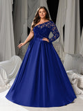 Plus Size Elegant Lace One-Shoulder Evening Gown - Formal Dress with Single Sleeve & Waist Belt