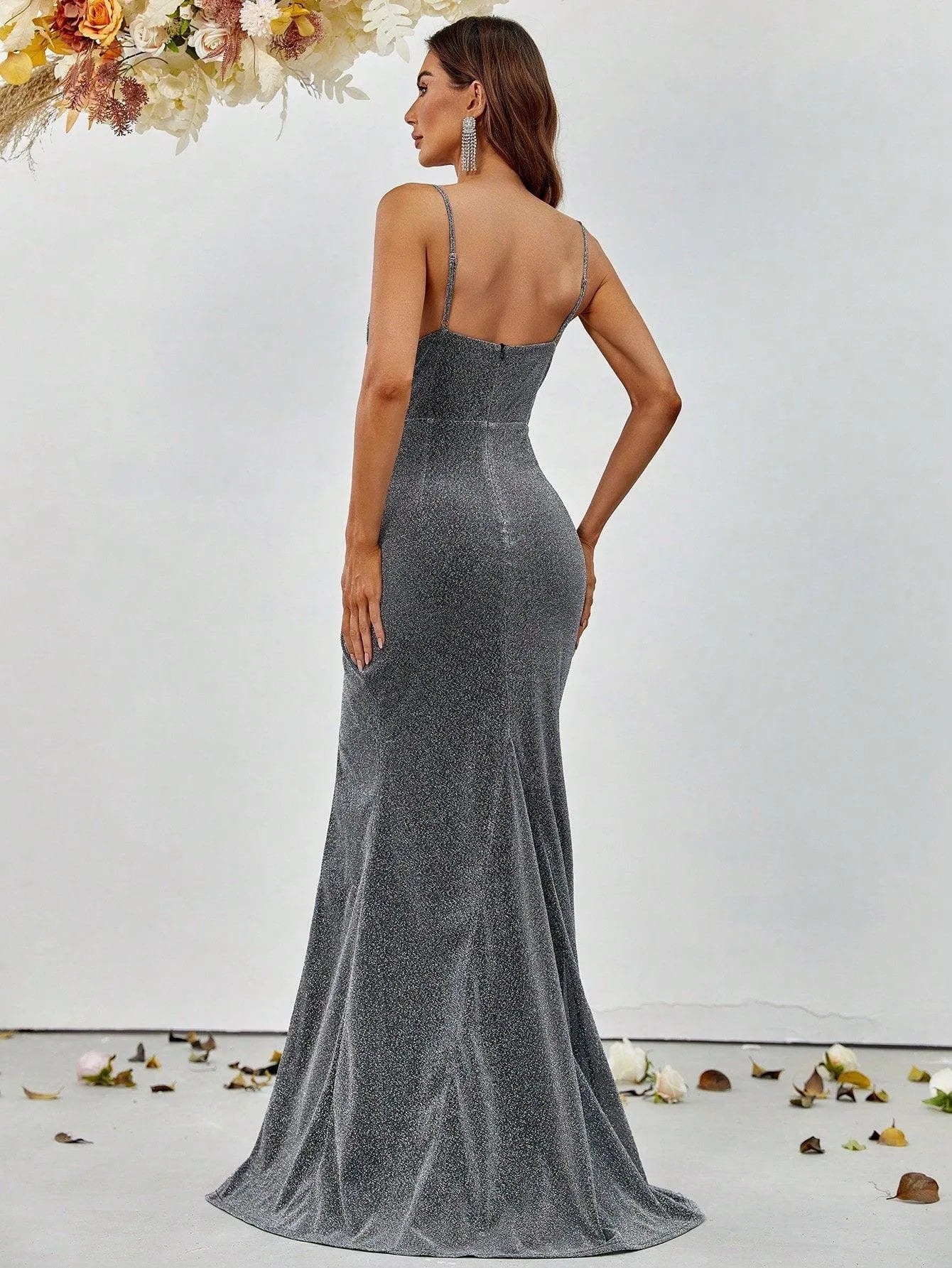 Glitter Spaghetti Strap Sleeveless Slit Dresses - Elonnashop