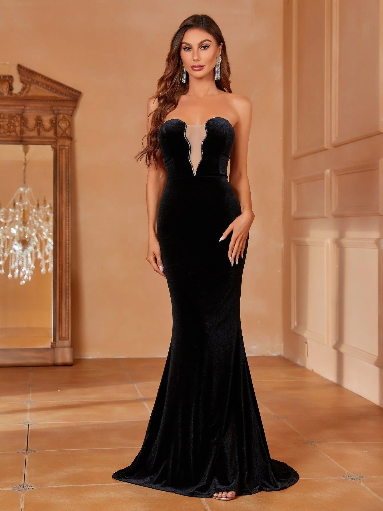 Elegant Tube Sleeveless Velvet Prom Dresses - Elonnashop