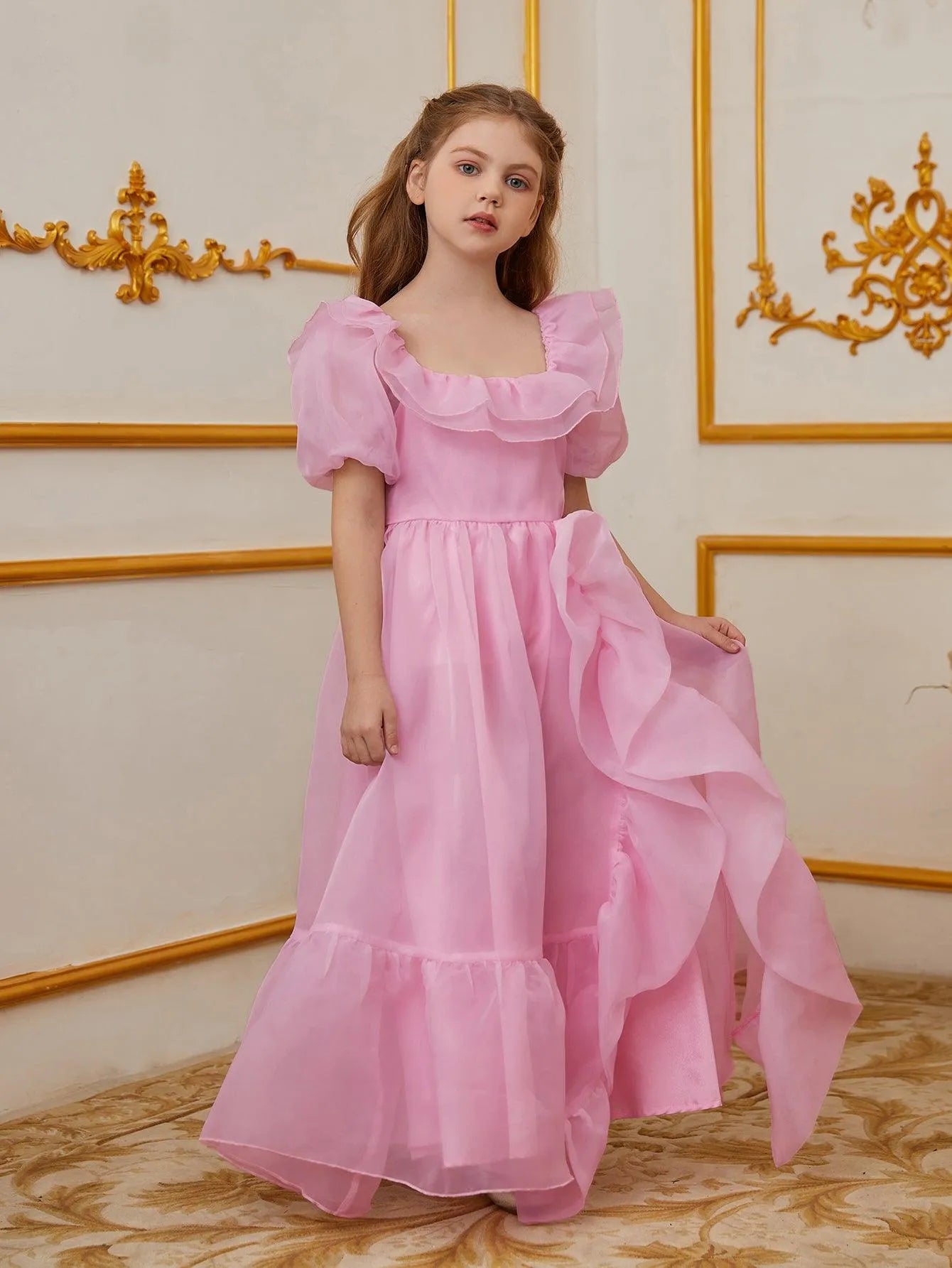 Tween Girls' Ruffle Trim Puff Sleeves Organza Party Dress - Elonnashop