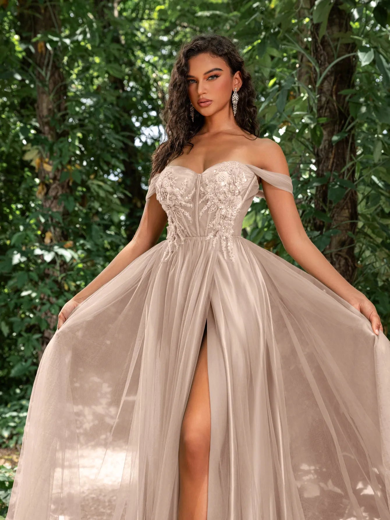 Gorgeous Floral Applique Detail Off Shoulder Split Tulle Formal Prom Dress