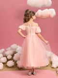 Tween Mädchen-Partykleid mit Puffärmeln, Pailletten und kontrastierendem Netzstoff 