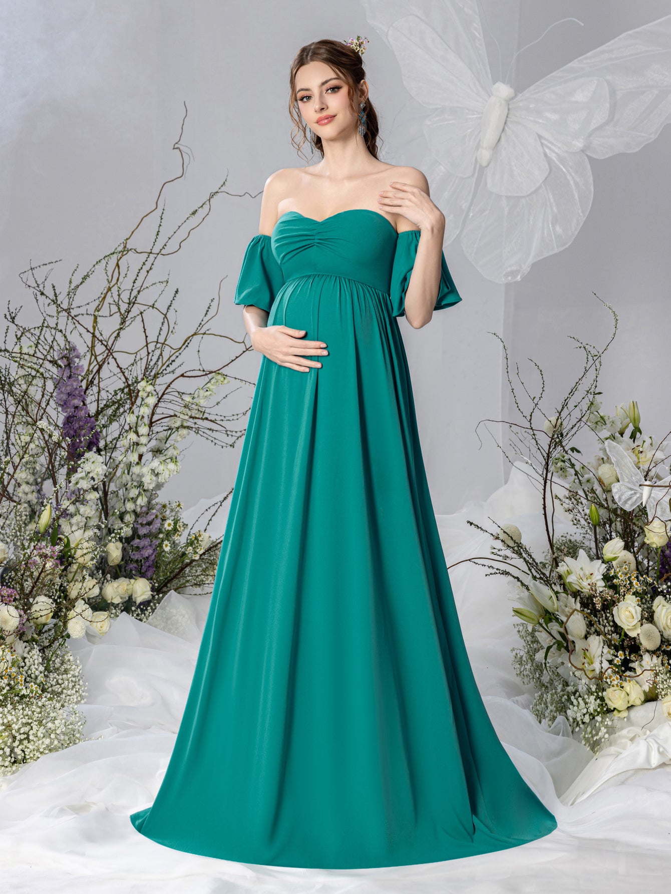 Maternity Off Shoulder Flared Sleeves Maxi Prom Dress