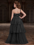 Tween Girls' One Shoulder Sleeveless Contrast Mesh Sequin Dress