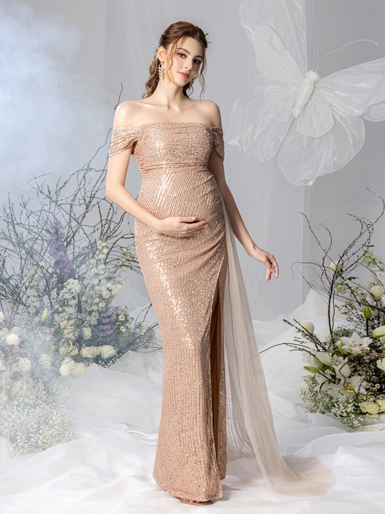 Maternity Off Shoulder Split Thigh Sequin Party Dress