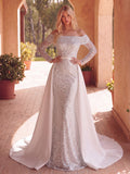 Gorgeous Off Shoulder Sheer Sleeves Mermaid Hem Sequin Wedding Dress with Satin Train