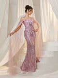 Elegant Crisscross Halter Neck Cloak Sleeves Mermaid Hem Sequin Formal Dress