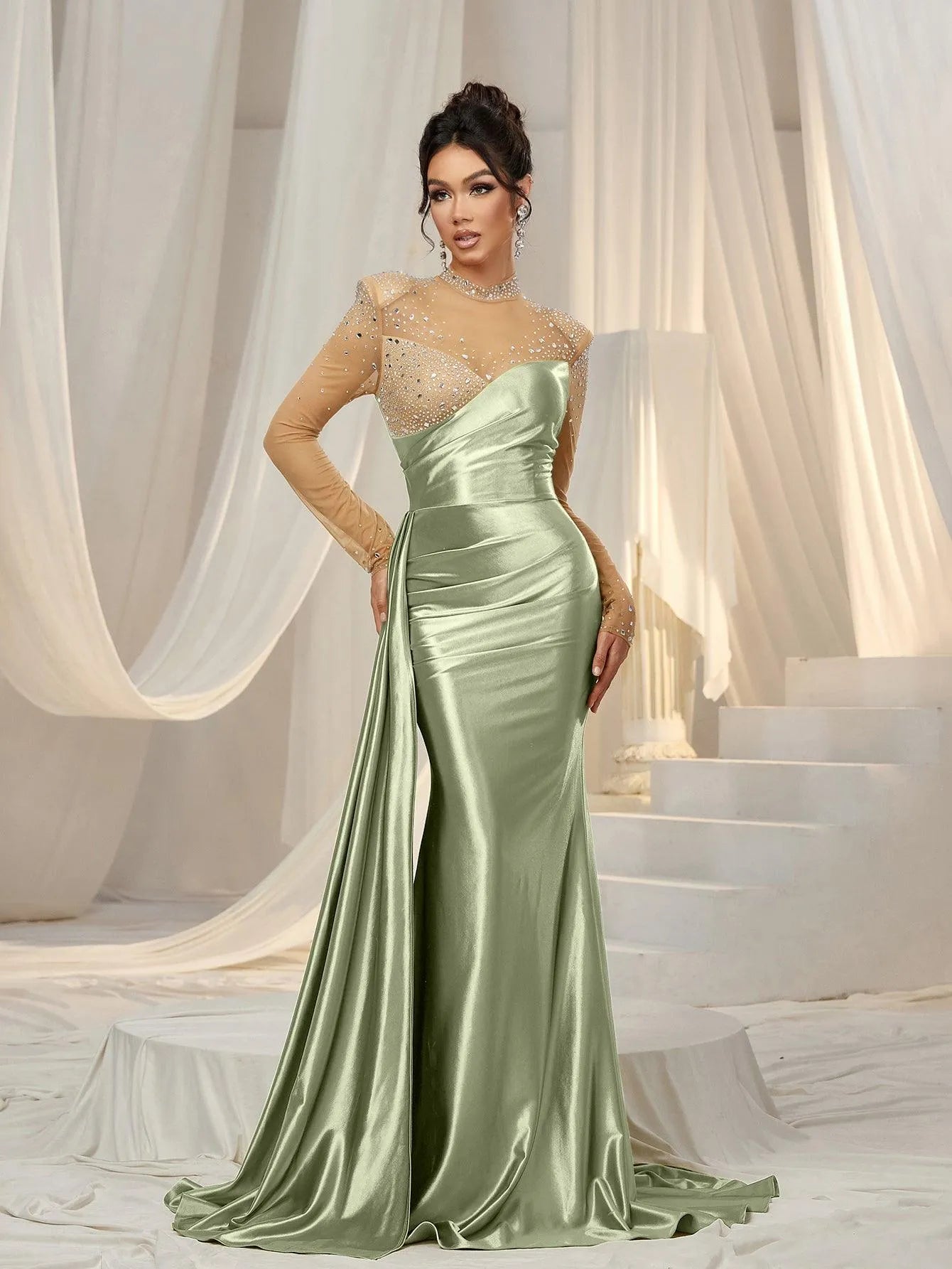 Rhinestone Detail Mock Neck Satin Mermaid Prom Dress - Elonnashop