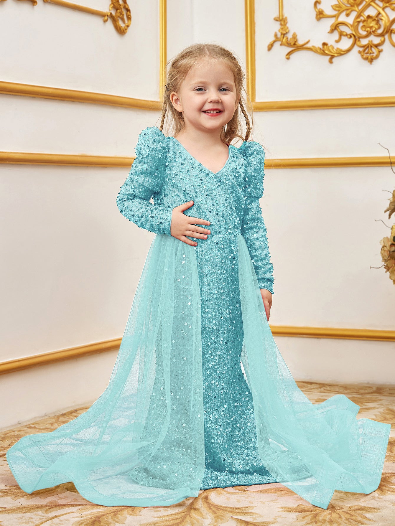 Young Girls' Long Sleeves Mesh Overlay Sequin Mermaid Dress