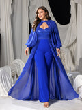 Plus Lantern Sleeves Chiffon Overlay Sequin Party Jumpsuit