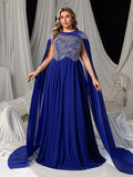 Plus Elegant Chiffon Evening Gown with Beaded Sequin Embellished Bodice, Cape-Style Sleeves & Flowy Floor-Length Skirt, Back Beaded Detail