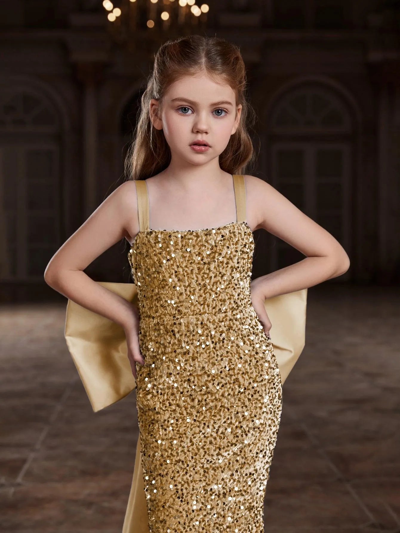 Tween Girls' Square Collar Sequin Mermaid Dress With Big Bow - Elonnashop