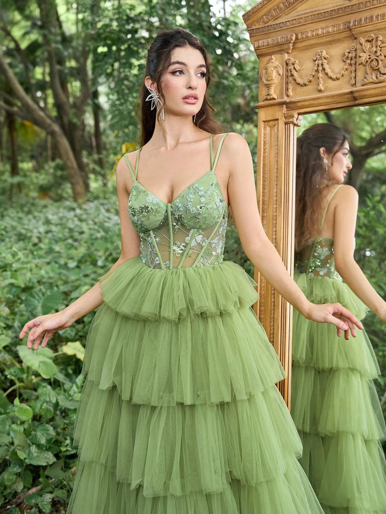 Gorgeous Floral Bodice Contrast Cascading Ruffle Hem Tulle Prom Cami Dress - Elonnashop