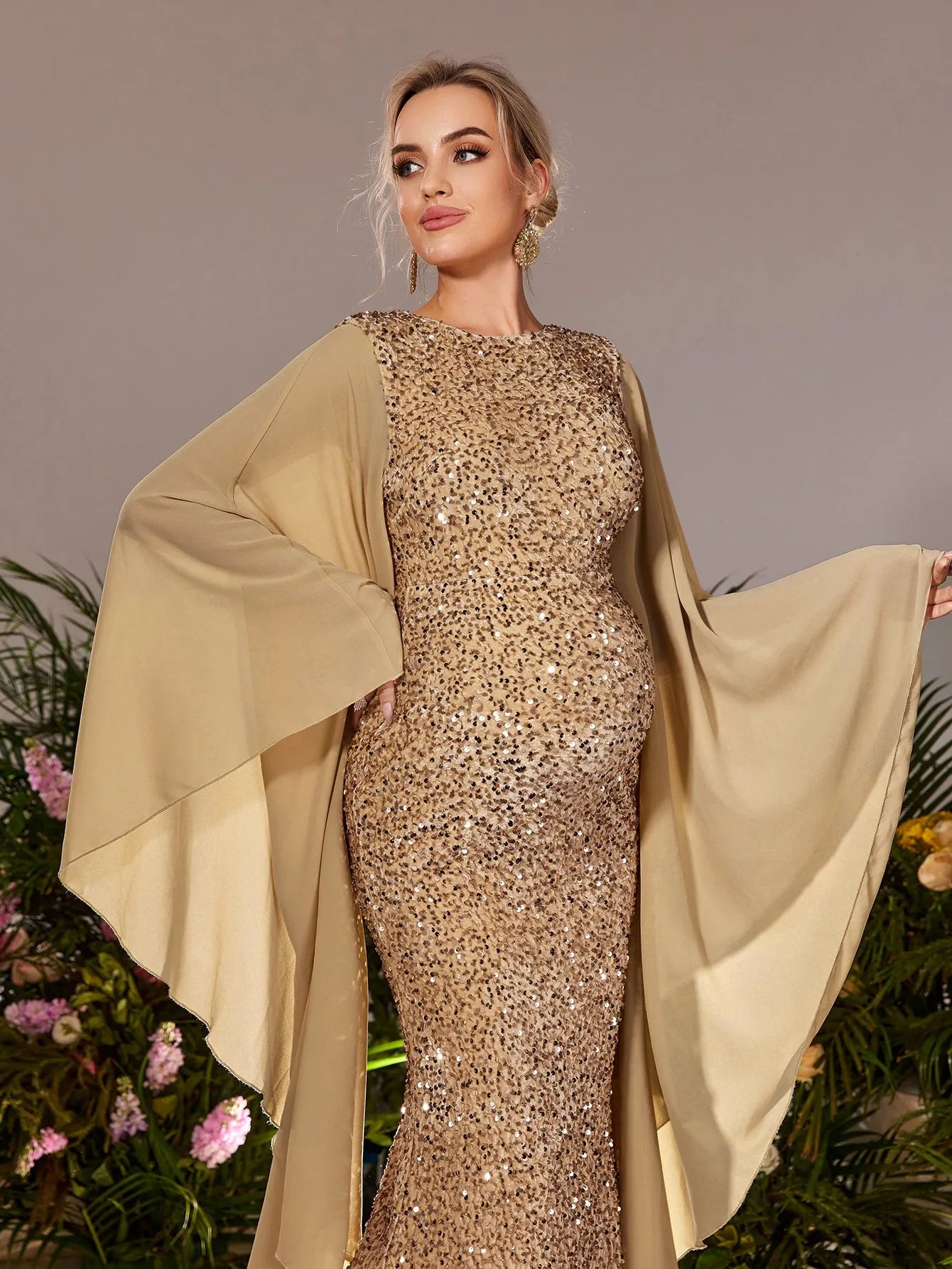 Maternity Flowing Sleeves Mermaid Hem Sequin Evening Dress