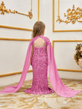 Young Girls' Mock Neck Cape Sleeves Sequin Party Dress