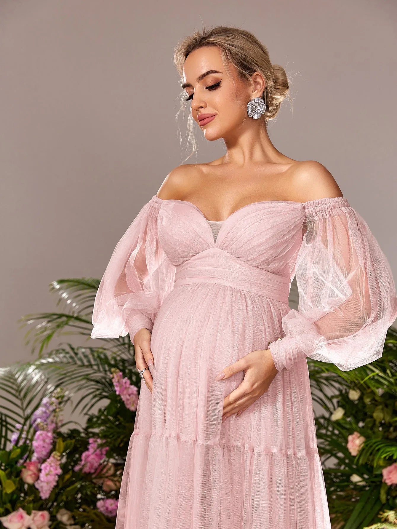 Maternity Off Shoulder Bishop Sleeves Tulle Party Dress