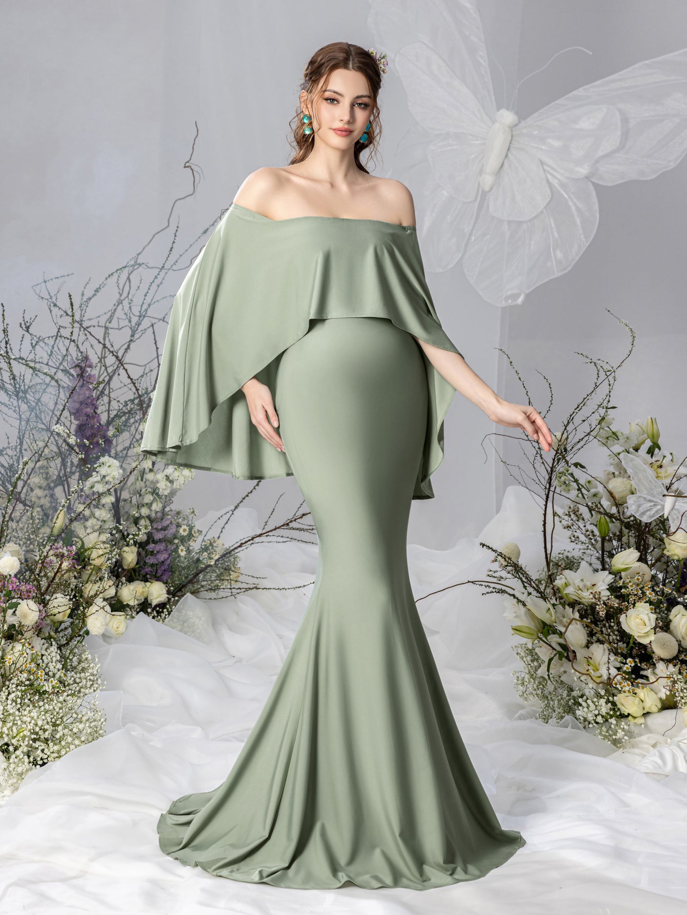 Maternity Off Shoulder Cape Sleeves Mermaid Hem Evening Dress