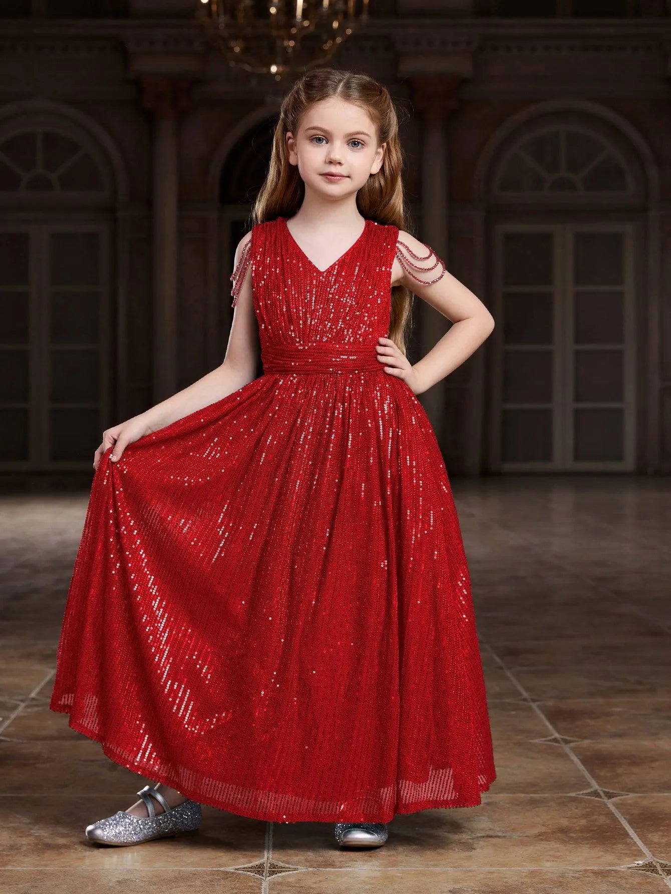 Tween Girls' V Neck Chain Detail Sequin Party Dress - Elonnashop