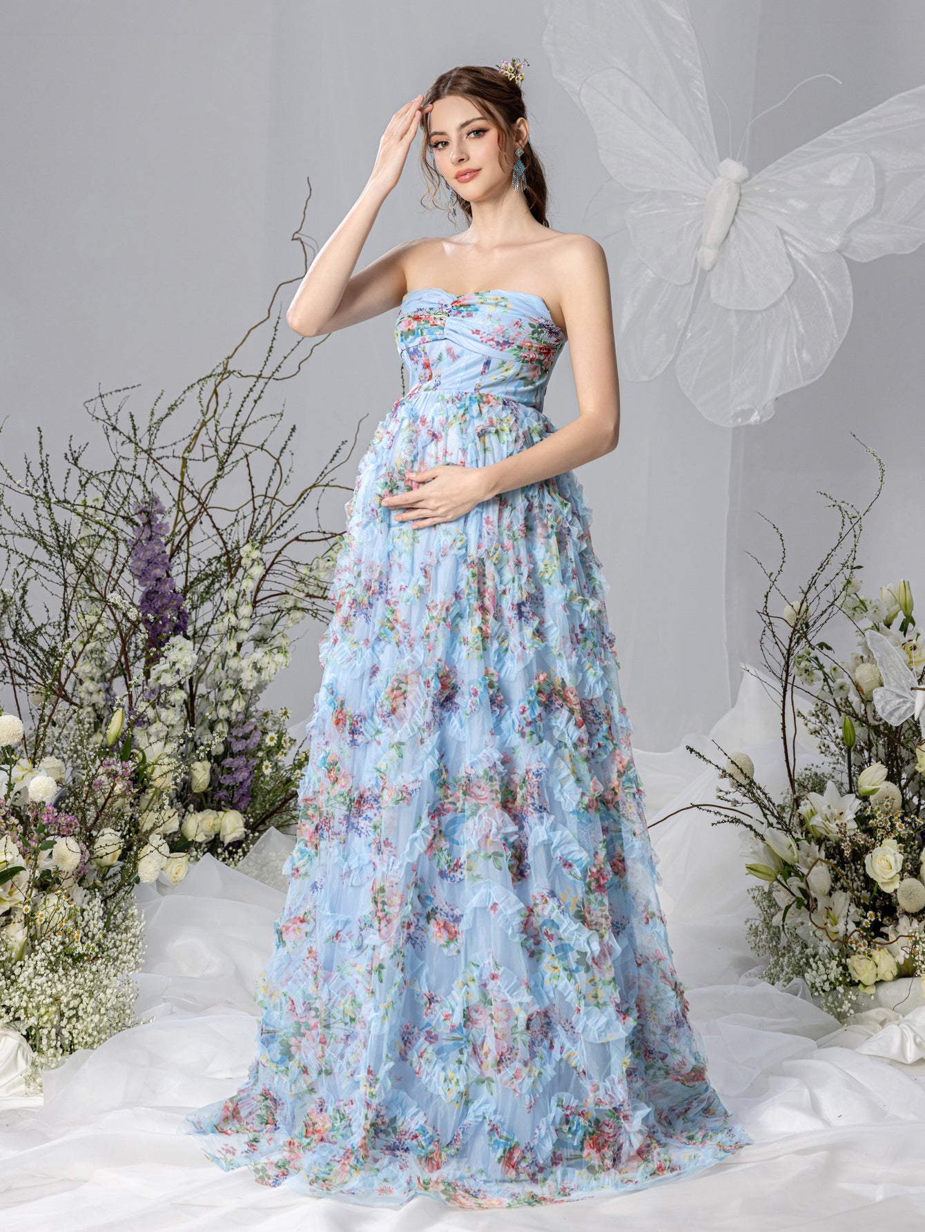 Maternity Strapless Ruffle Trim Floral Mesh Party Dress