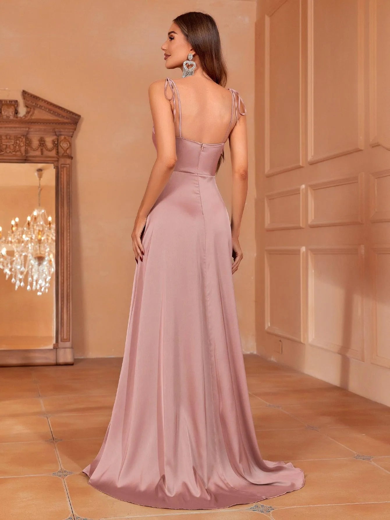 Elegant Tie Shoulder Satin Bridesmaid Dress - Elonnashop