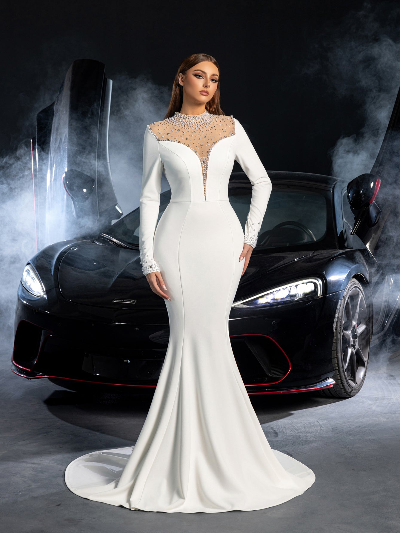 Elegant Pearl Embellished Mock Neck Long Sleeves Mermaid Hem Wedding Dress