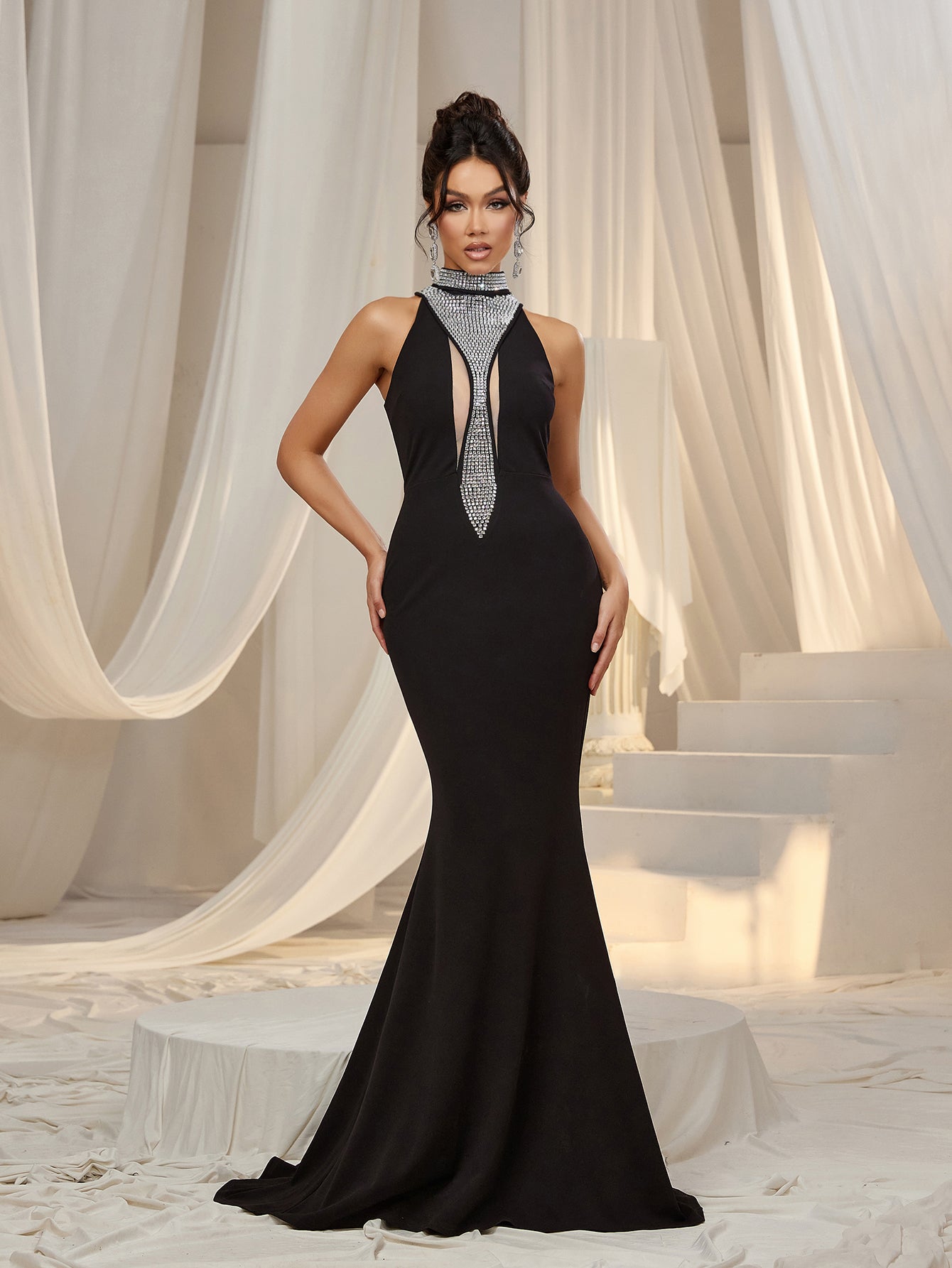 Stylish Rhinestone Detail Mock Neck Mermaid Hem Evening Dress