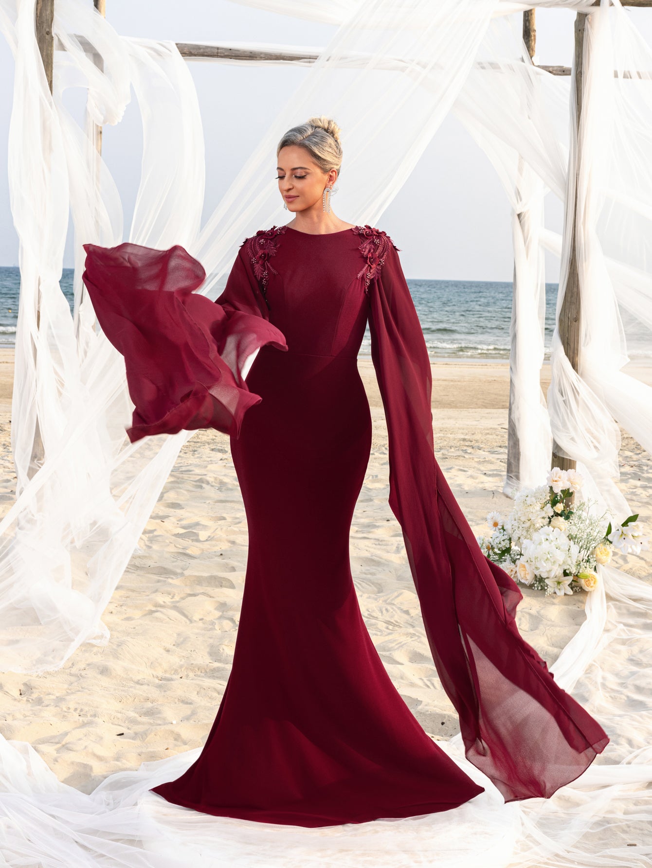 Womens' Mermaid Silhouette Formal Dress with Flared Chiffon Sleeves & Floral Appliqué Detailing