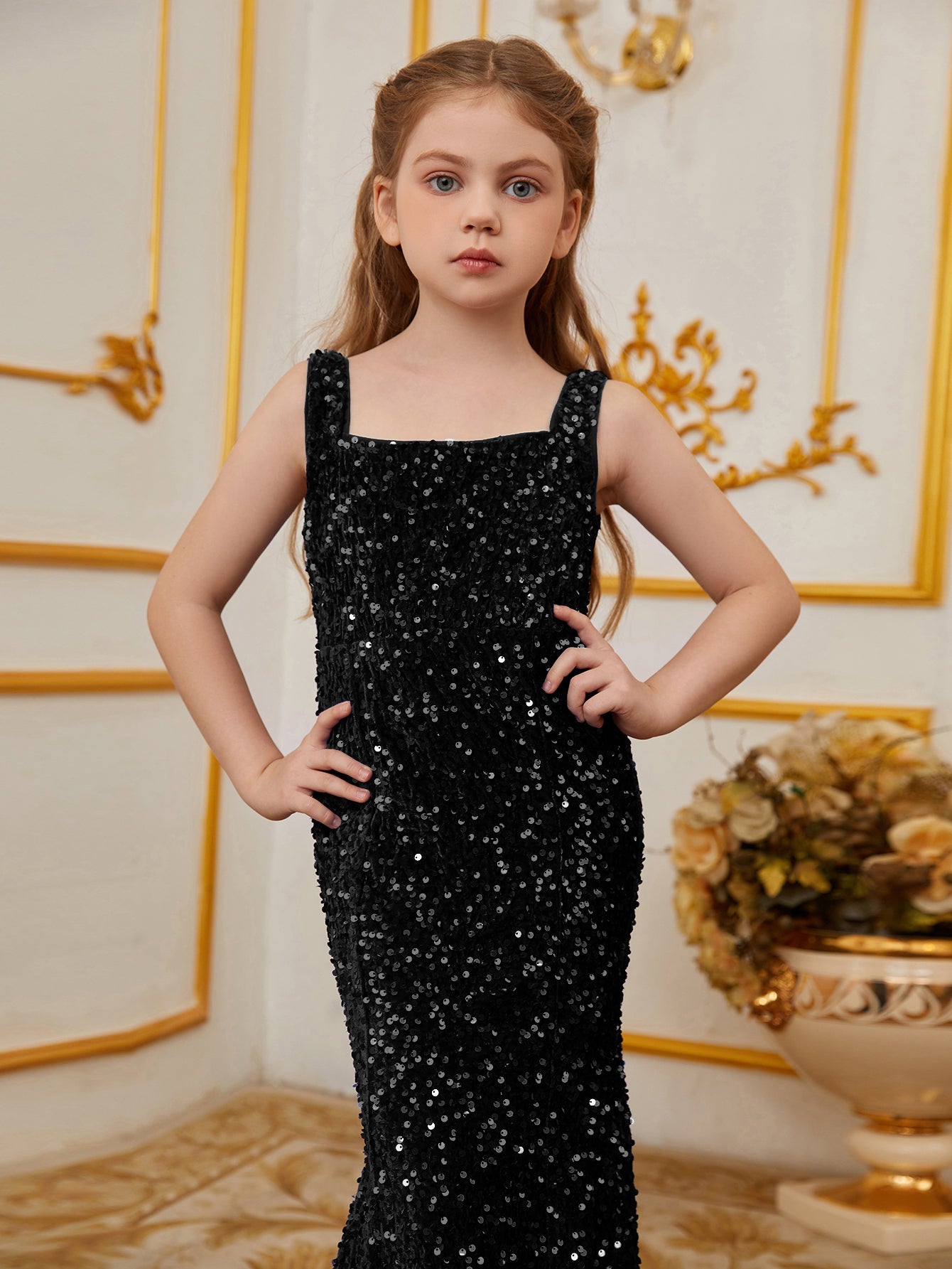 Tween Girls' Square Neck Sleeveless Mermaid Hem Sequin Party Dress