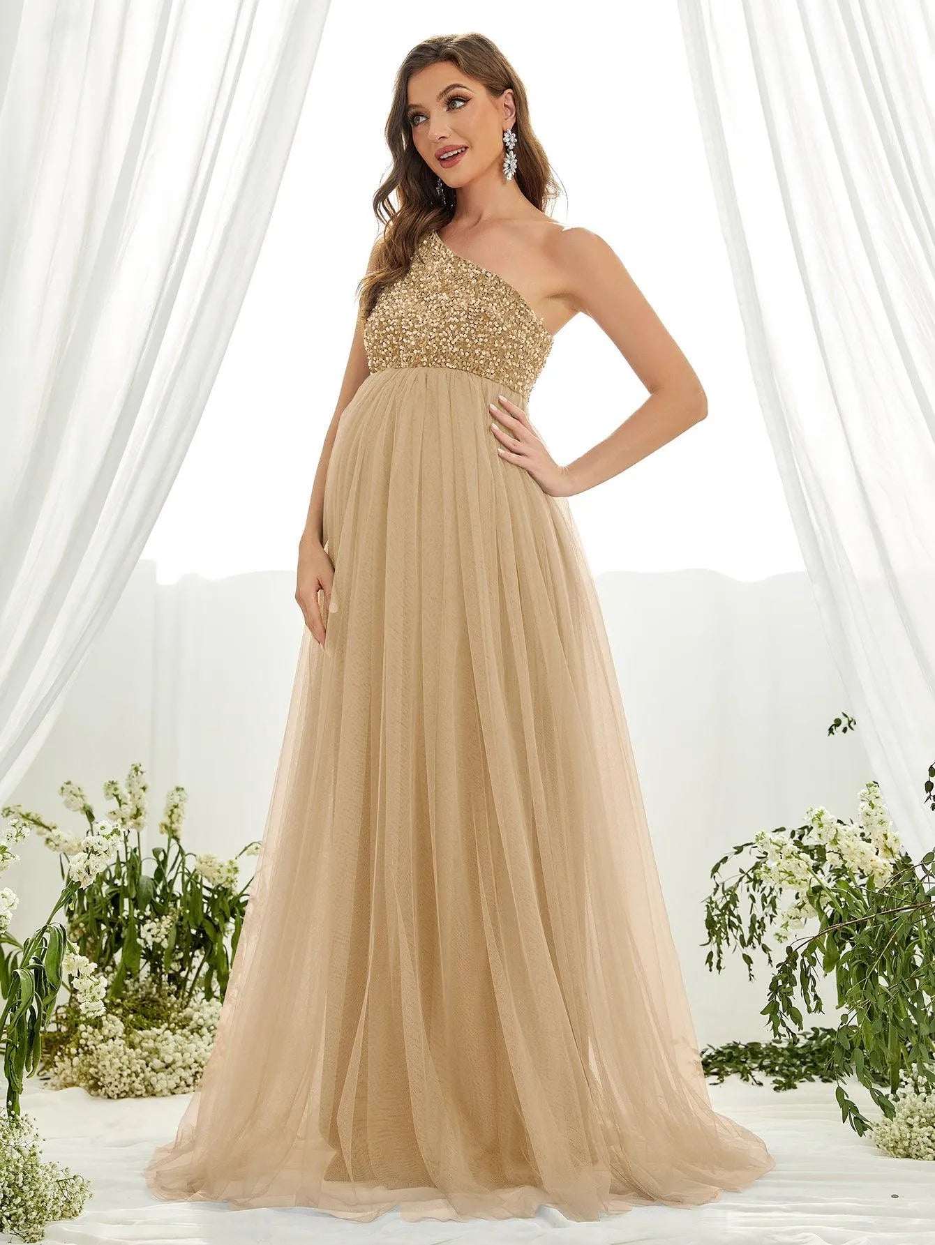 Maternity One Shoulder Contrast Sequin Mesh Party Dress - Elonnashop