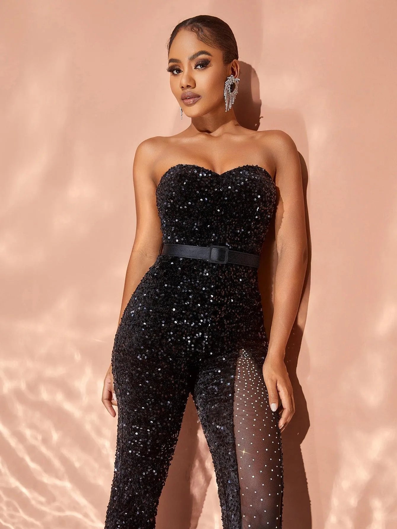 Chic Rhinestone Detail Sheer Mesh Contrast Sequin Tube Jumpsuit - Elonnashop