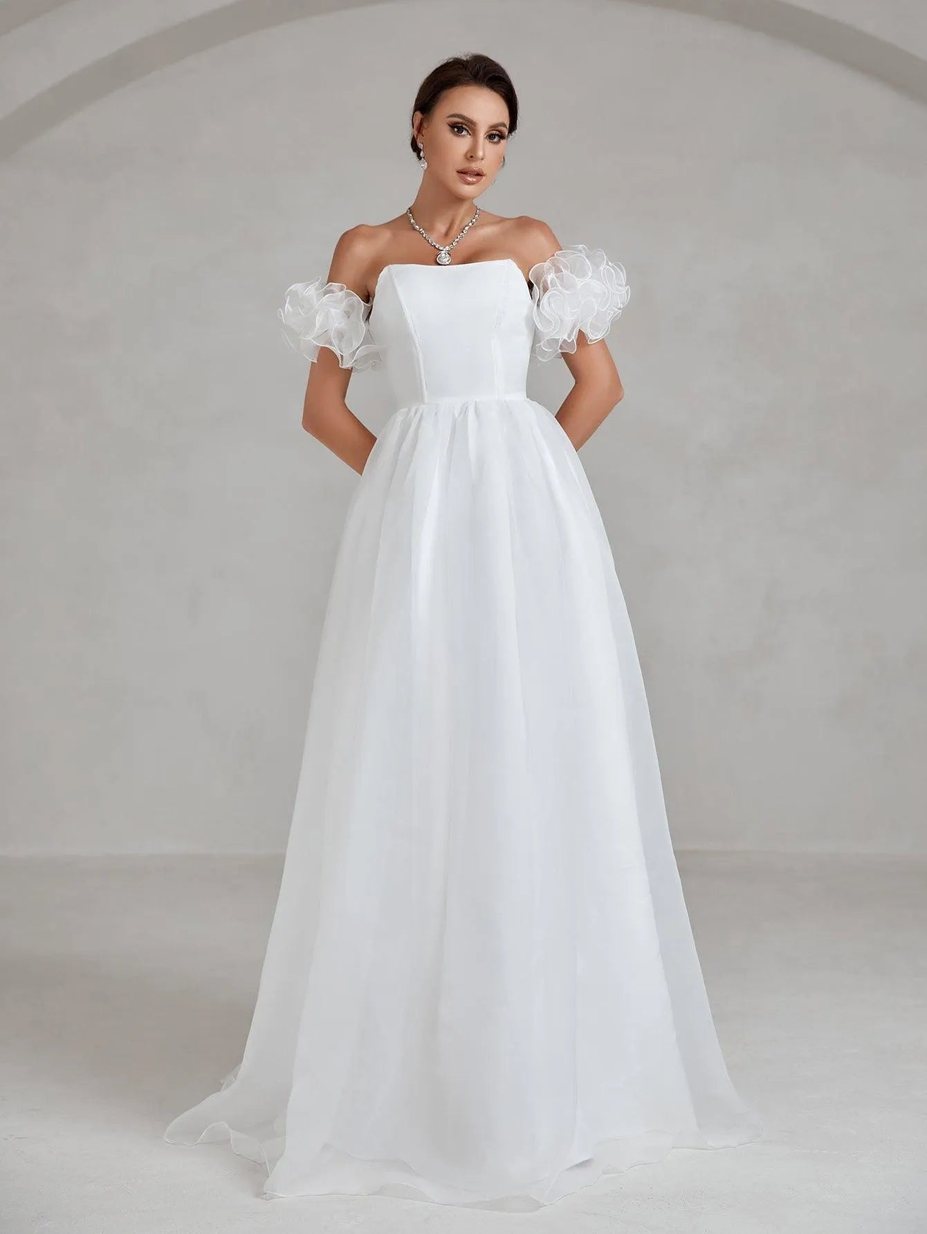 Ruffle Sleeve Organza Tube Wedding Dress - Elonnashop