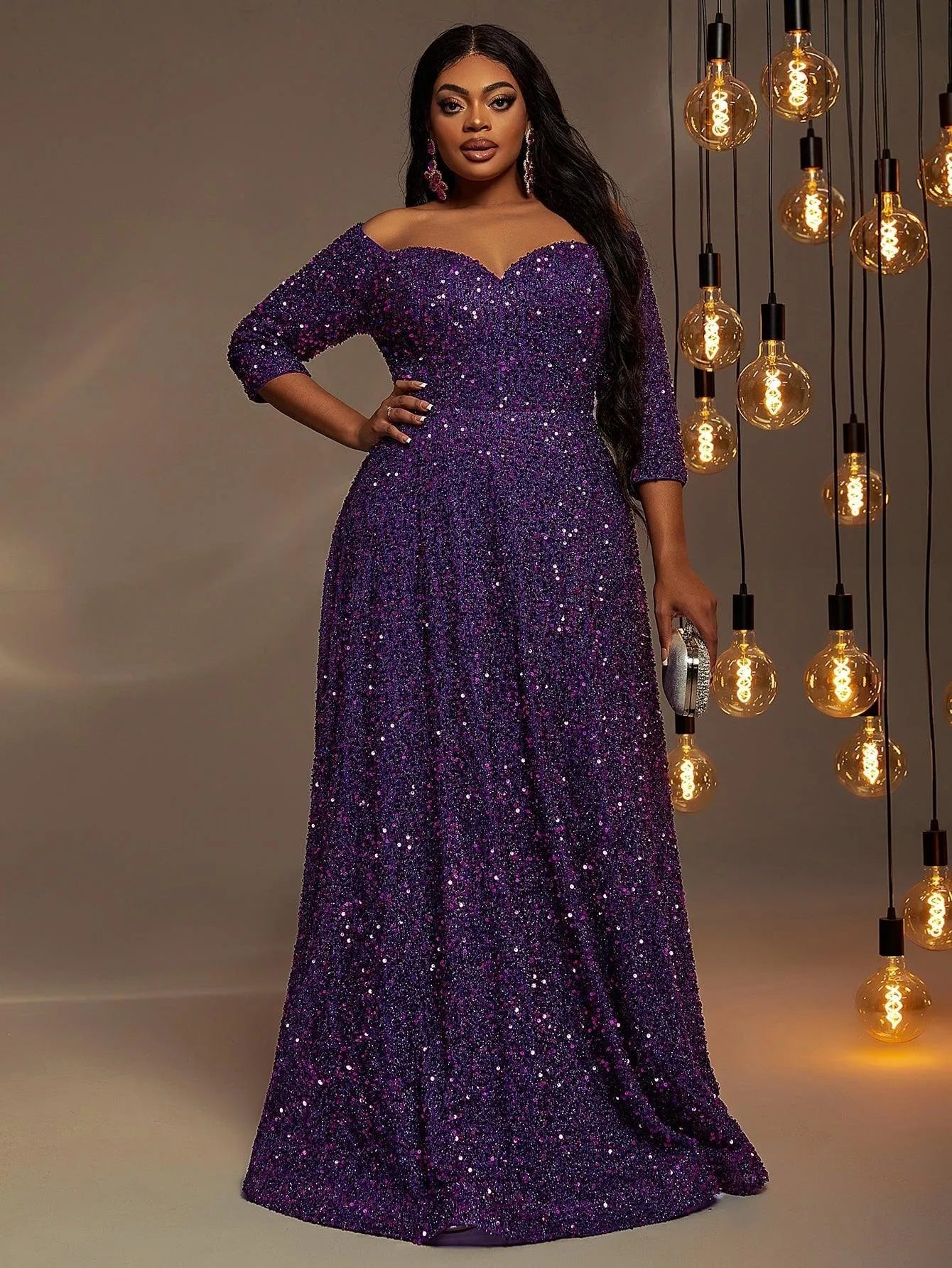 Plus Off Shoulder 3/4 Sleeves Sequin A Line Dress - Elonnashop