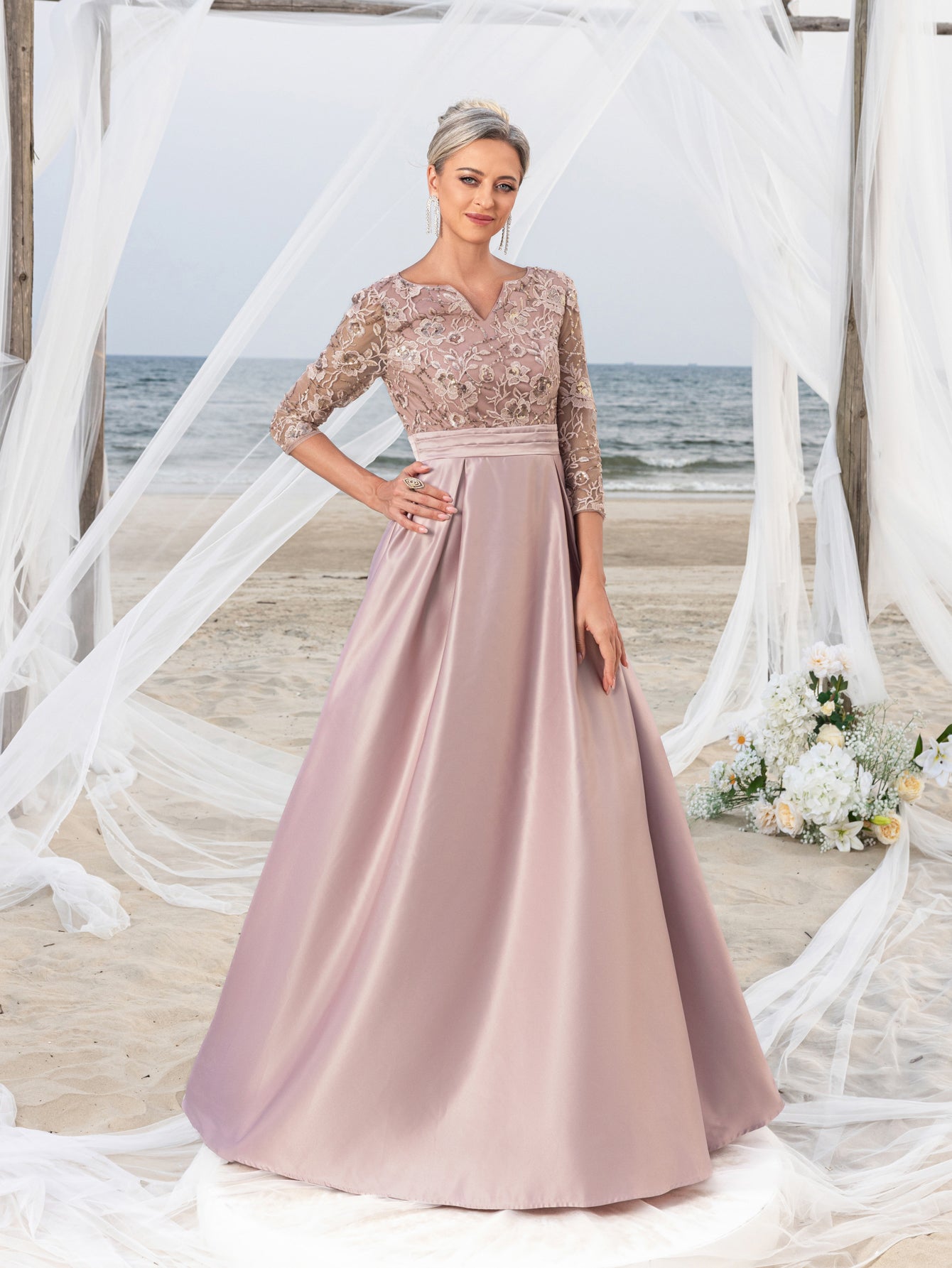 Womens' Glamorous Evening Gown: Allover Sequin-Embroidered Bodice & Satin A-Line Skirt – Elegant Formal Dress for Black-Tie Events