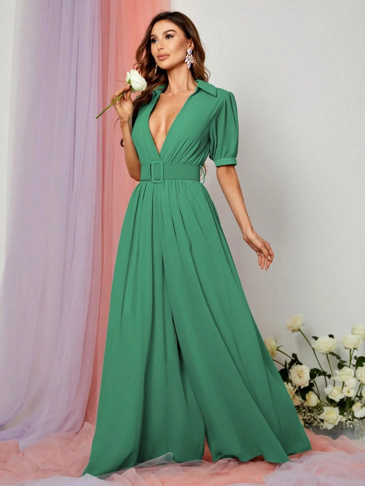 Plunging Neck Puff Sleeves Wide Leg Jumpsuit - Elonnashop