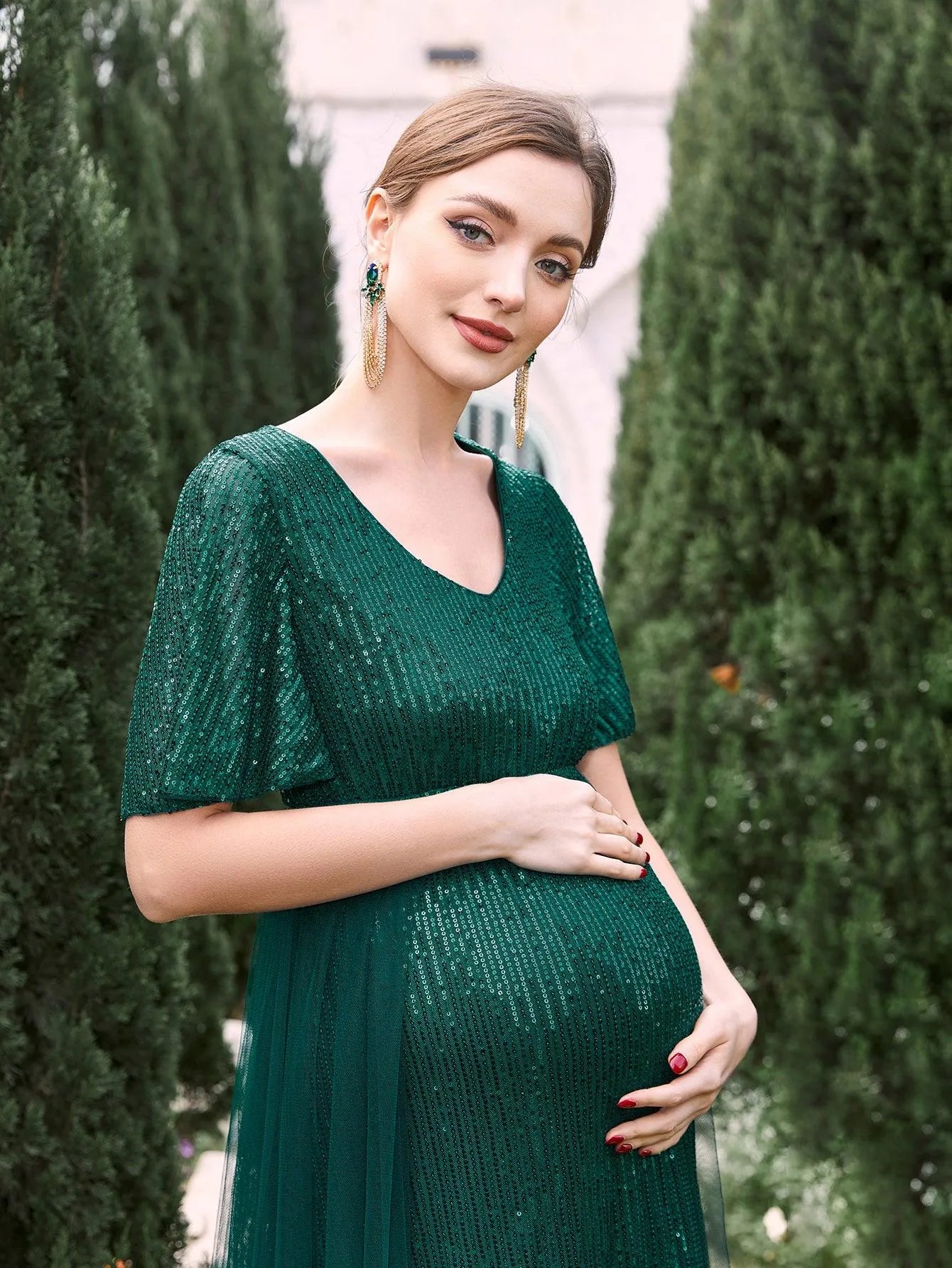 Maternity Mesh Overlay Puff Sleeves Sequin Prom Dress - Elonnashop