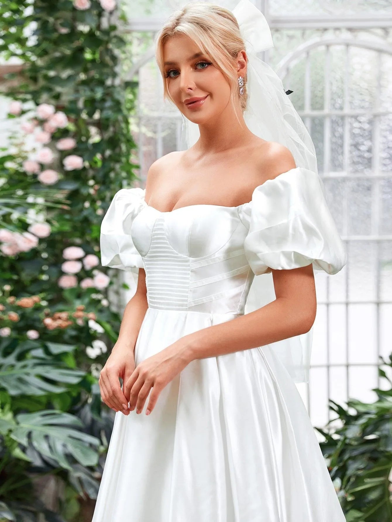 Off Shoulder Puff Sleeve Satin Wedding Dress - Elonnashop