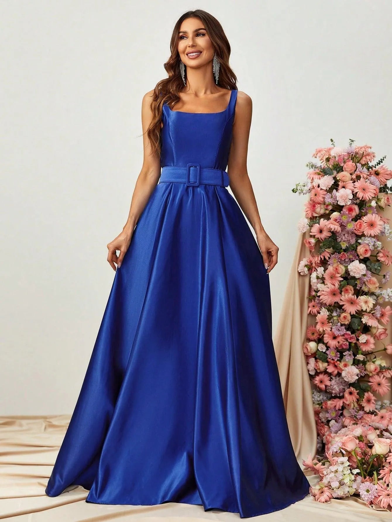 Square Collar Sleeveless Belt Satin Prom Dress - Elonnashop