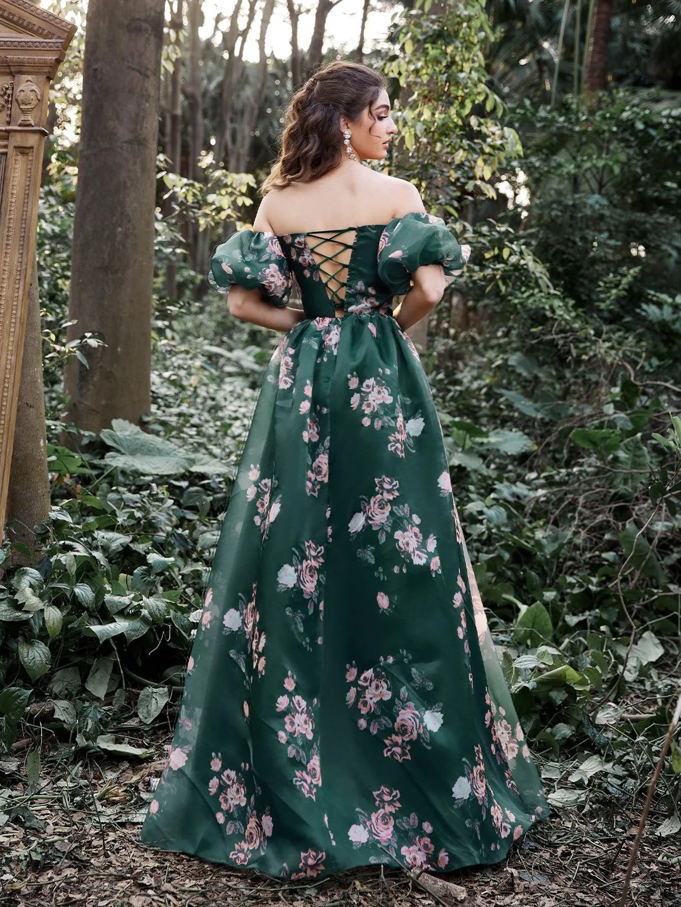 Gorgeous Off Shoulder Puff Sleeves Floral Organza Prom Dress - Elonnashop