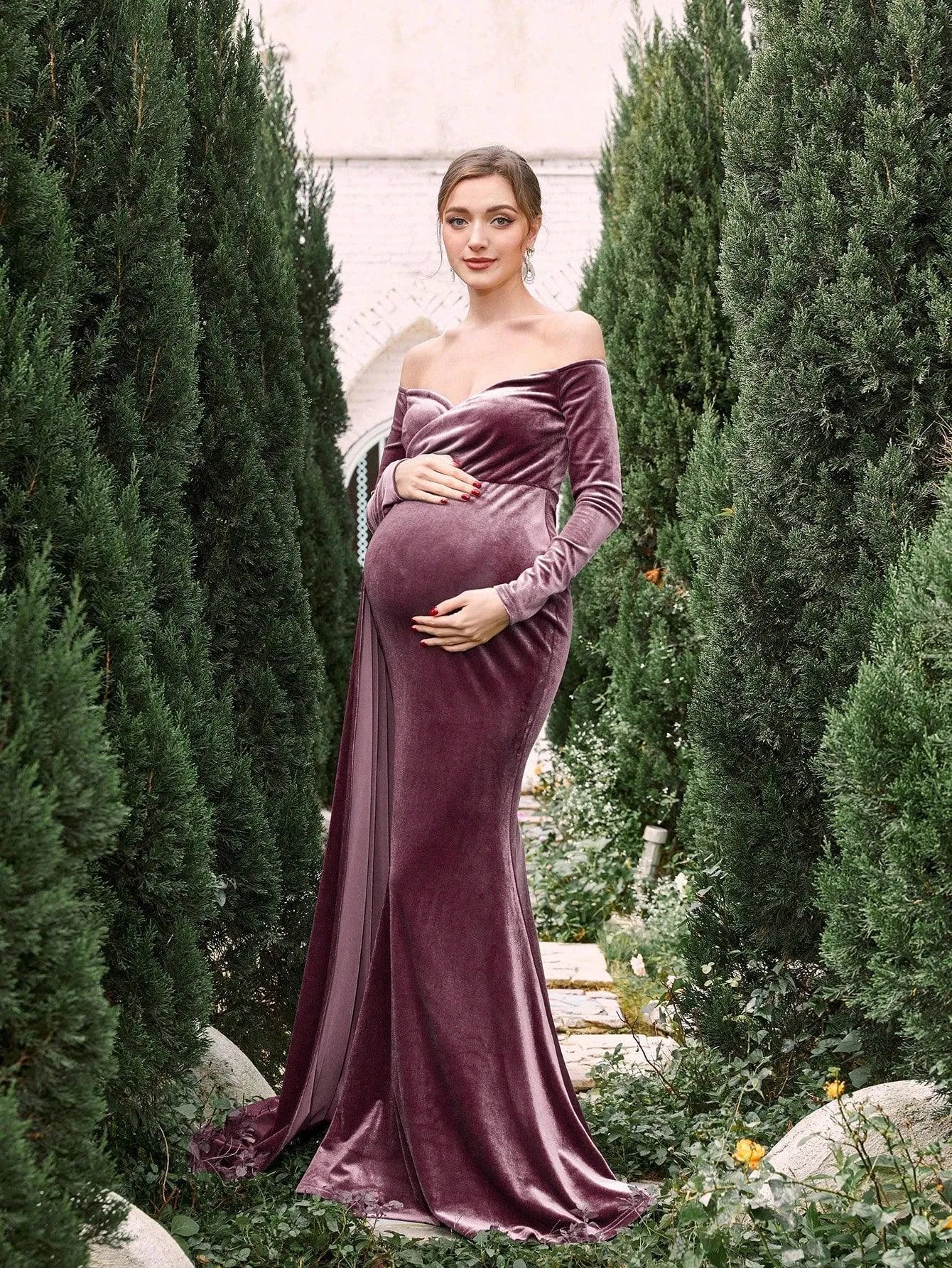 Maternity Off Shoulder Velvet Mermaid Prom Dress - Elonnashop